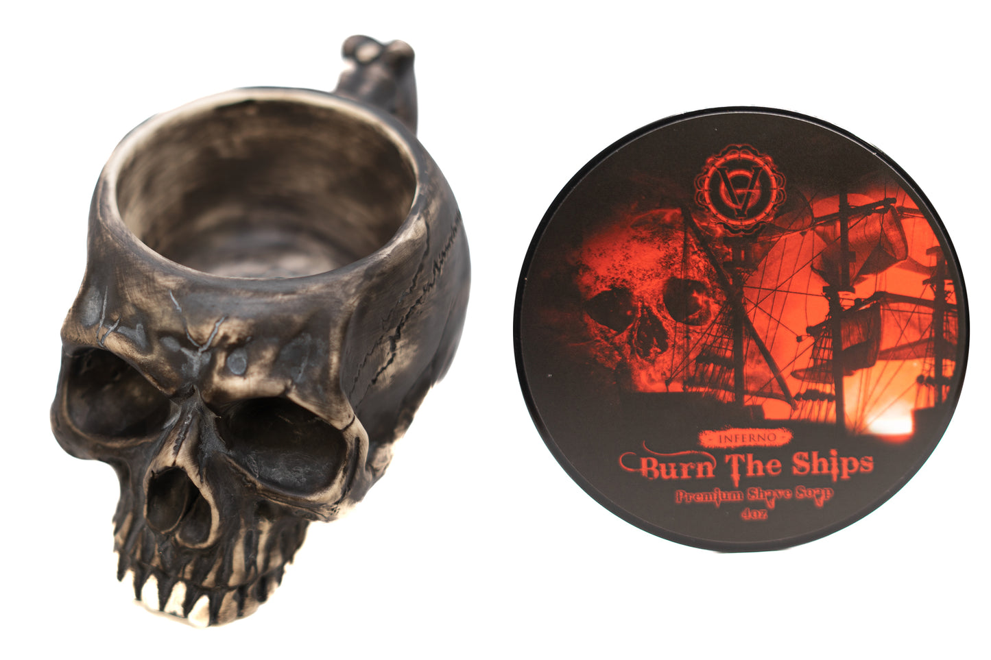 Burn The Ships Skull Lather Bowl and Shave Cream Set | 4oz Premium Shave Cream & Handmade Ceramic Skull Lather Bowl