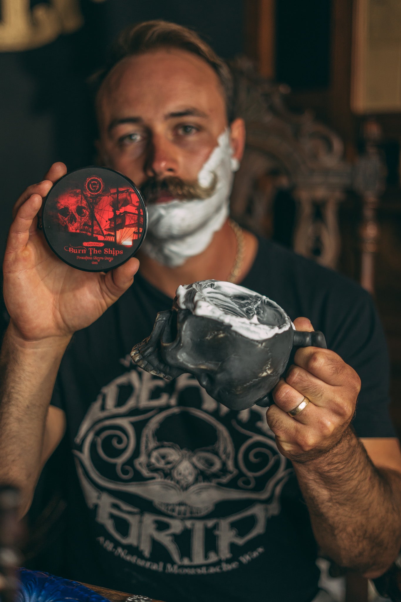 Burn The Ships Skull Lather Bowl and Shave Cream Set | 4oz Premium Shave Cream & Handmade Ceramic Skull Lather Bowl