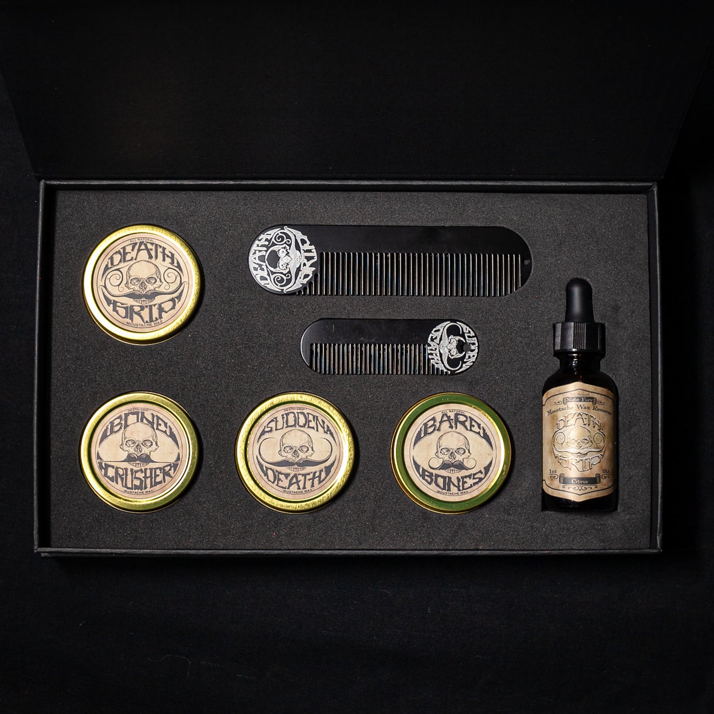 Gold Standard Mustache Kit - 4 One Ounce Mustache Wax, 2 Combs, 1 Night Fury Mustache Wax Remover Oil