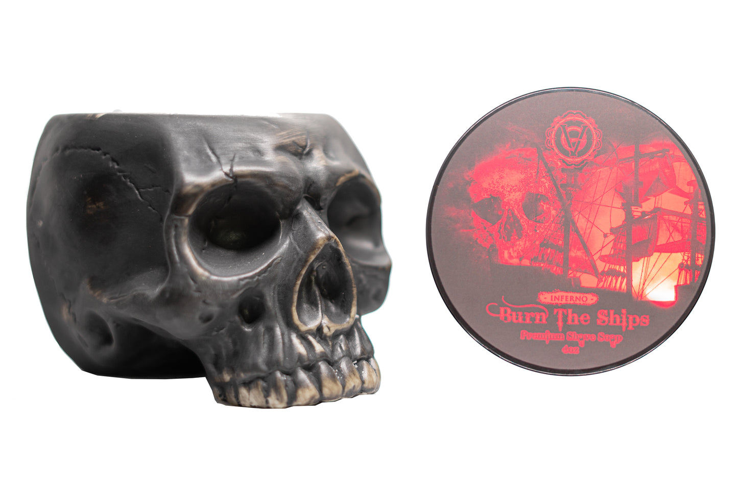 Burn The Ships Skull Lather Bowl and Shave Cream Set | 4oz Premium Shave Cream & Handmade Ceramic Skull Lather Bowl